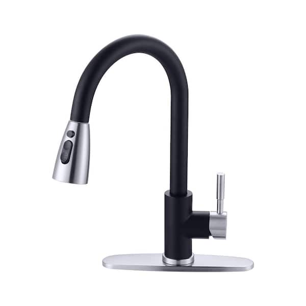 ALEASHA Single Handle Pull Down Sprayer Kitchen Sink Faucet in Black and Brushed Nickel