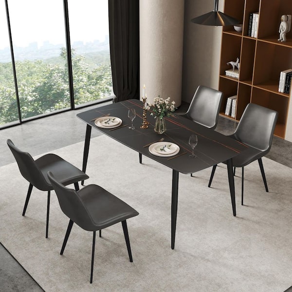 Black Rectangle Sintered Stone Marble 62.99 in. Pedestal Dining Table Seats 6 with Metal Black Legs