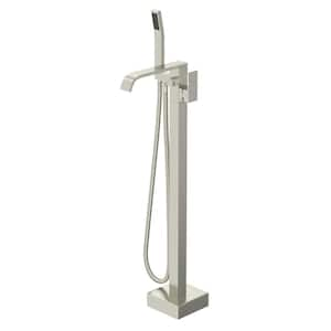 Single-Handle Free Standing Tub Faucet Floor Mount Tub Filler with Hand Shower in Brushed Nickel