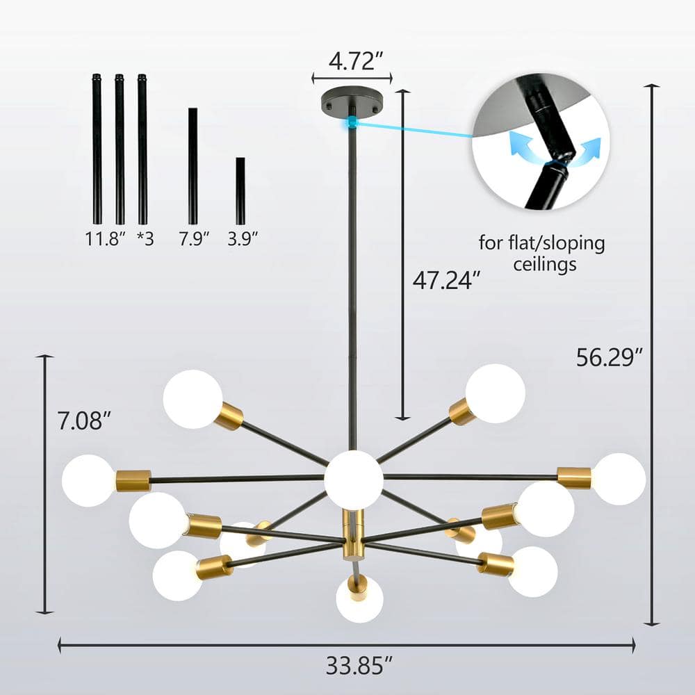 12-Light Black and Gold Metal Sputnik Chandelier