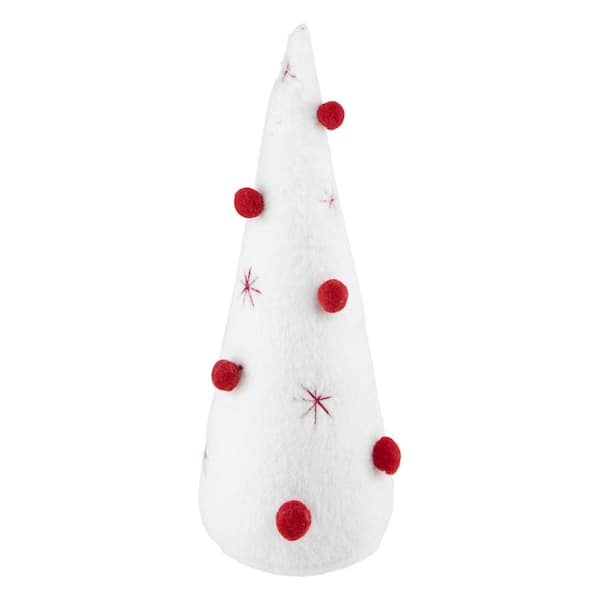 Plush Christmas Cone Tree with Pompom Ornaments-11"-White and Red