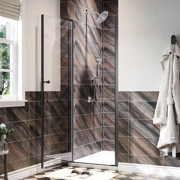 26 in. to 27.5 in. W x 68 in. H Frameless Pivot Shower Door in Matte Black with 1/4 in. Clear Tempered Glass