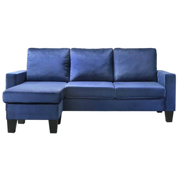AndMakers Jessica 77 in. W Flared Arm Velvet L-Shaped Sofa in Navy Blue
