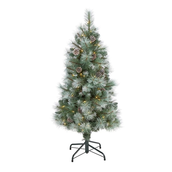 Nearly Natural 4 ft. Pre-Lit Frosted Tip British Columbia Mountain Pine Artificial Christmas Tree with 100 Clear Lights, Pine Cones