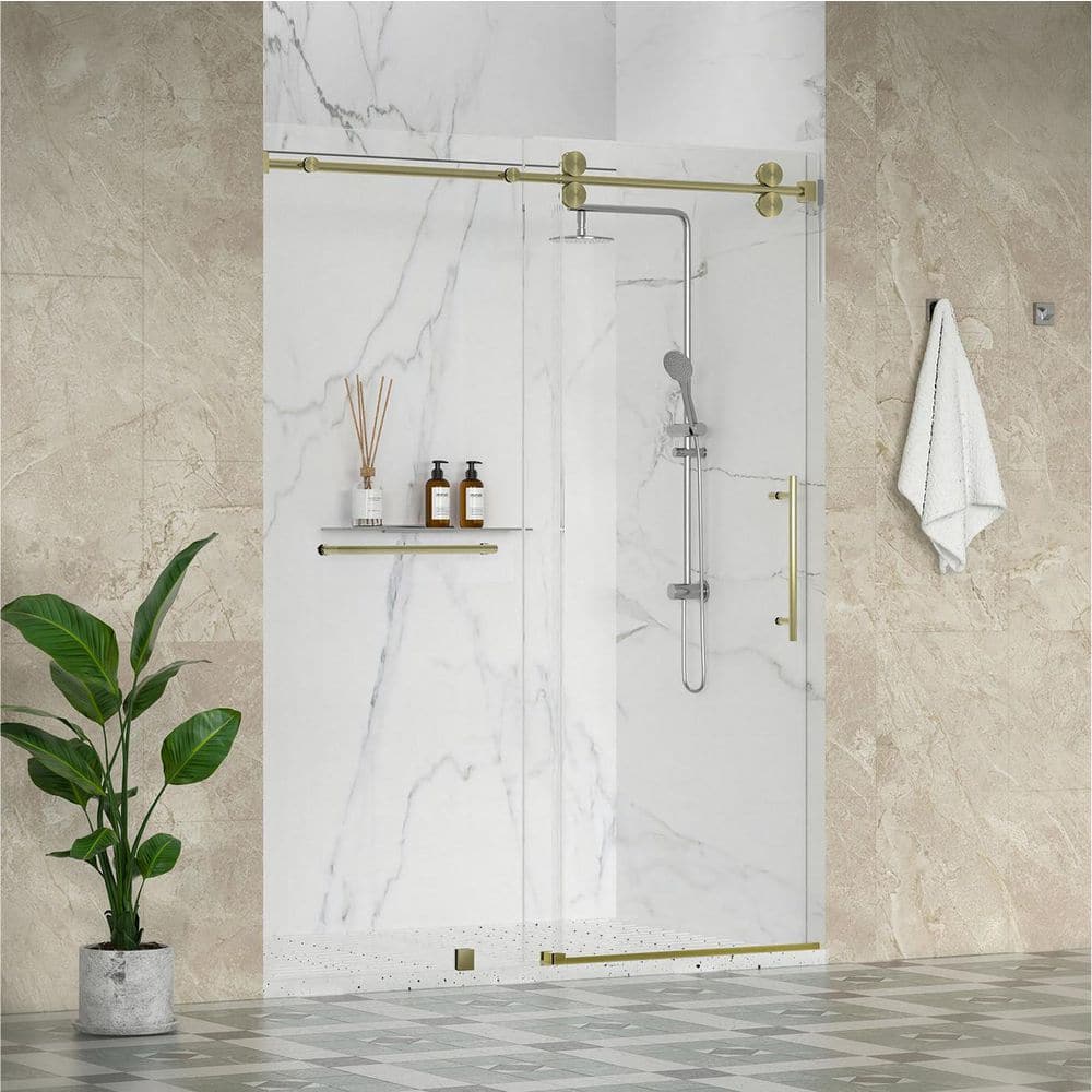 VestaTB 68-72 in. W x 76 in. H Single Sliding Frameless Shower Door in Brushed Gold Towel Bar with 3/8 in. Clear Glass price history on PriceWatchPro