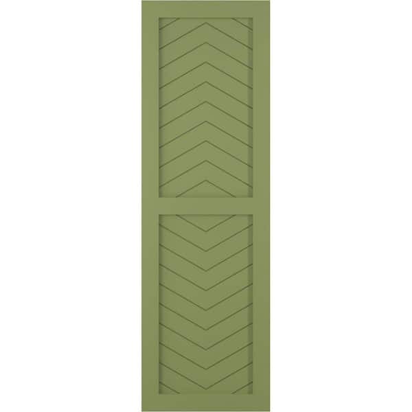 Ekena Millwork 12 in. x 54 in. PVC True Fit Two Panel Chevron Modern Style Fixed Mount Flat Panel Shutters Pair in Moss Green