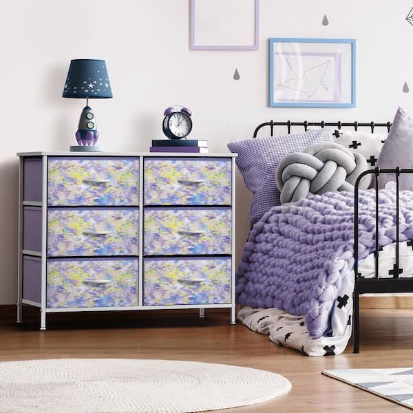 Sorbus Tie-Dye Purple/Yellow 6 Drawer 31.5 in. Wide Dresser without Mirror, Organizer with Steel Frame, Wood Top, & Fabric Bins