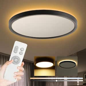 12 in. Black Dimmable LED Flush Mount Ceiling Light 3000-6500K with Remote and Nightlight Warm Black, No Bulb Included