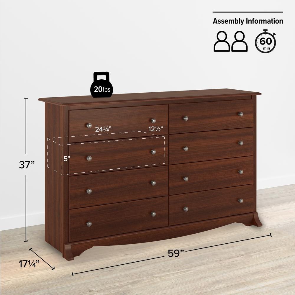 Cherry Monterey Double Dresser with 8 Deep Drawers and Roller System