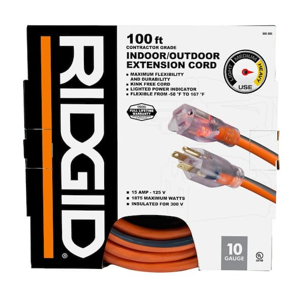 RIDGID 100 ft. 10/3 Heavy Duty Indoor/Outdoor SJTW Extension Cord with Lighted End, Orange/Grey