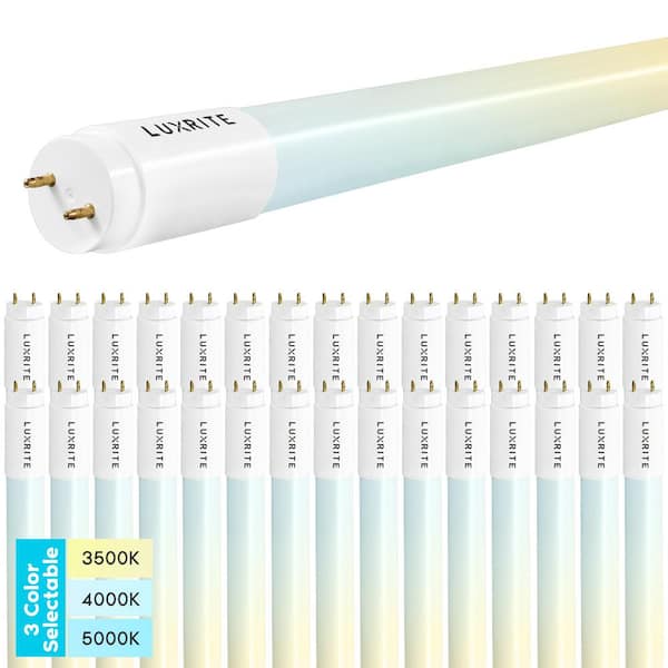 LUXRITE 8-Watt 2 ft. Linear T8 LED Tube Light Bulb 3 Color Selectable Single and Double End Powered 960 Lumens F17T8 (30-Pack)