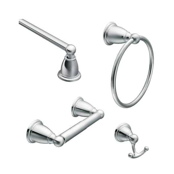 MOEN Brantford 4-Piece Bath Hardware Set with 18 in. Towel Bar, Paper Holder, Towel Ring, and Robe Hook in Chrome