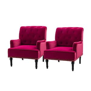 Enrica Burgundy Tufted Comfy Velvet Armchair with Nailhead Trim and Rubberwood Legs (Set of 2)