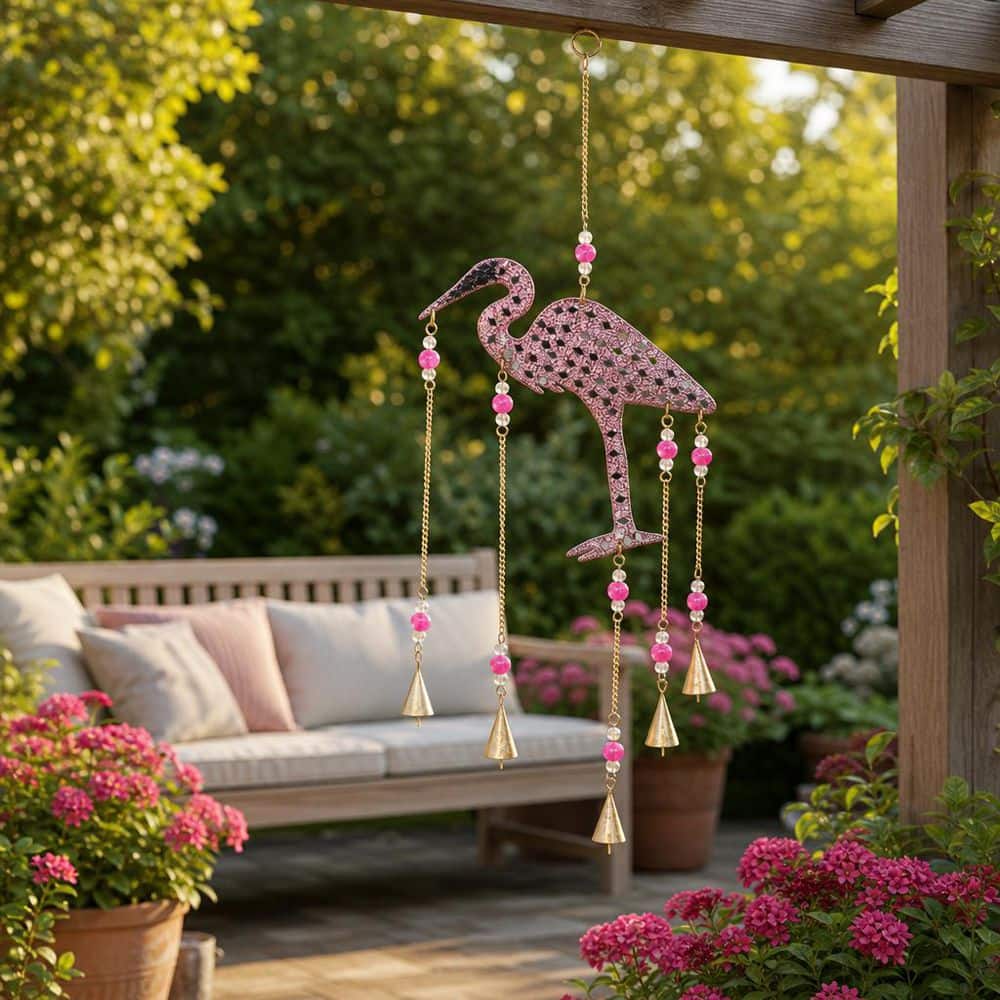Liv & Skye 22 in. Pink Metal Glass Beaded Mosaic Flamingo Wind