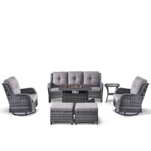 Gymojoy Carolina Gray 7-Piece Wicker Patio Fire Pit Seating Set with Gray Cushion