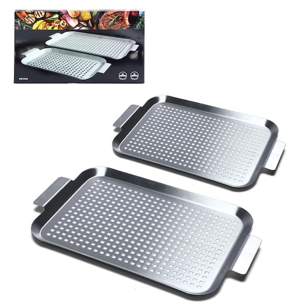 Stainless Steel Grill Pan Set of 2 Perforated BBQ Topper with Handles for Meat Fish Seafood Vegetable Outdoor