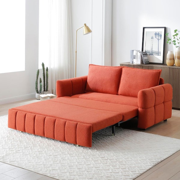 Dulles 3-in-1 Convertible 70 in. Orange Upholstered Teddy Fabric Sleeper Full Size Sofa Bed