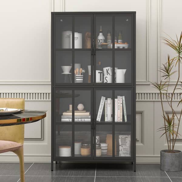 33 in. W Metal Kitchen Organizers Storage Cabinet with Glass Door in Black, Sideboard Cabinet, Buffet Cabinet