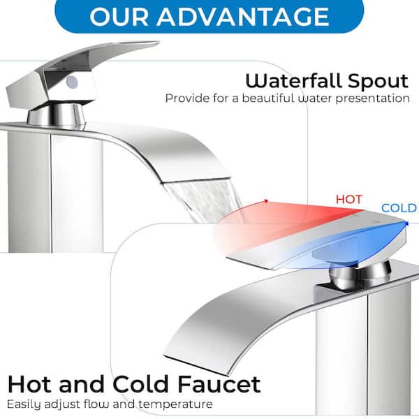 Waterfall Spout Single Handle Single Hole Bathroom Faucet with Deckplate and Pop-up Drain in Polished Chrome