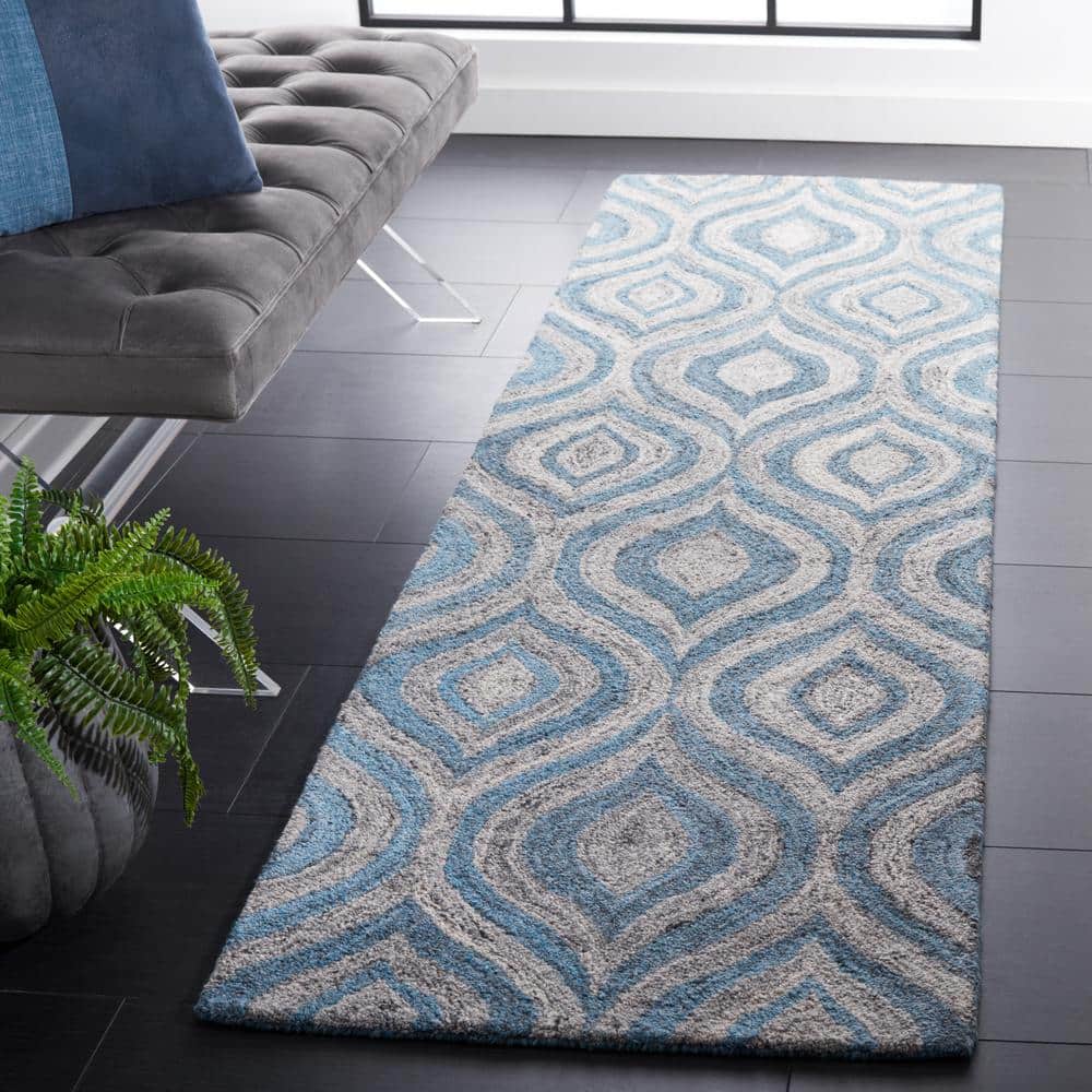 Blue and Gray Abstract Tufted Wool Runner Rug
