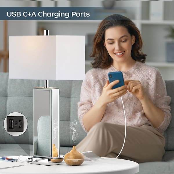 25 in. Diamond Crystal Table Lamp w/ USB C+A Port, 3-Way Dimmable Silver Mirrored Bedside Lamps Fabric Shade for Bedroom