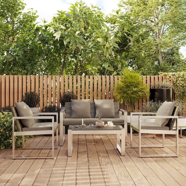 Clihome 4-Piece Aluminum and Rattan Modern Sofa Seating Group Patio Conversation Set