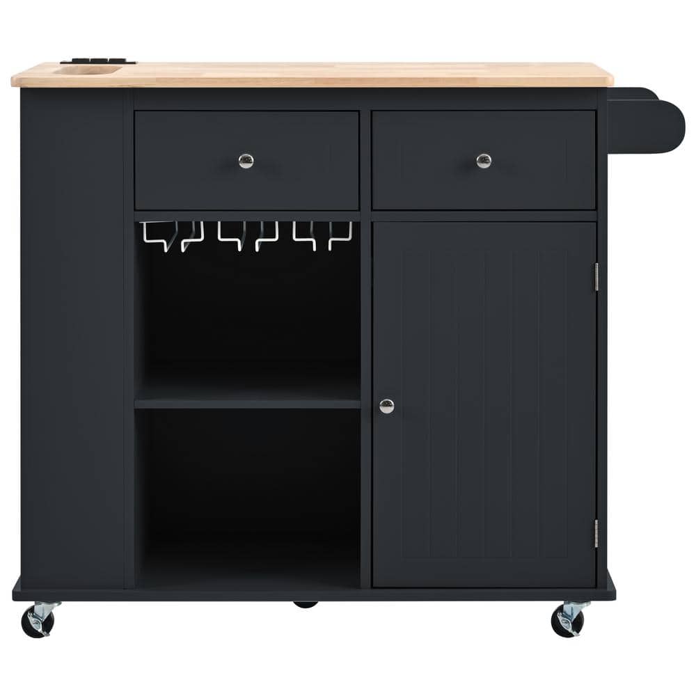 Outdoor Grill Cart with Drop Leaf and Rubber Wood, Open Storage and Wine Ra