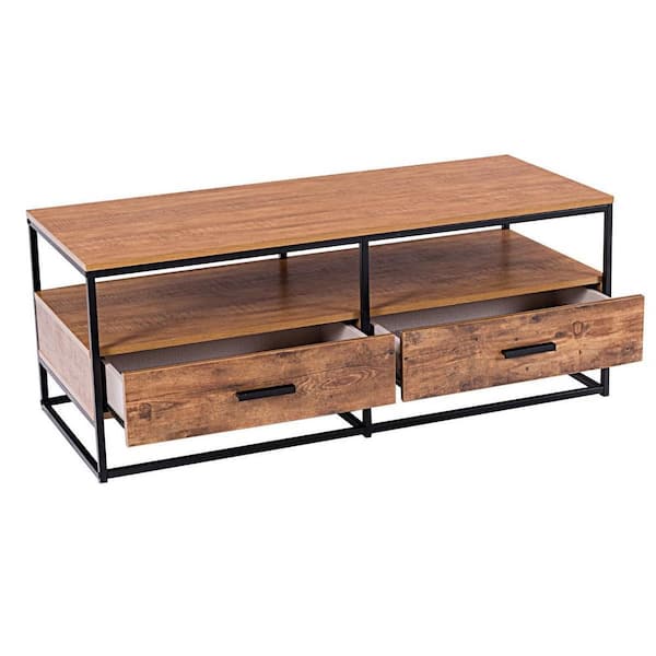 FORCLOVER 47 in. Brown Rectangle Wood Coffee Table with 2-Drawers