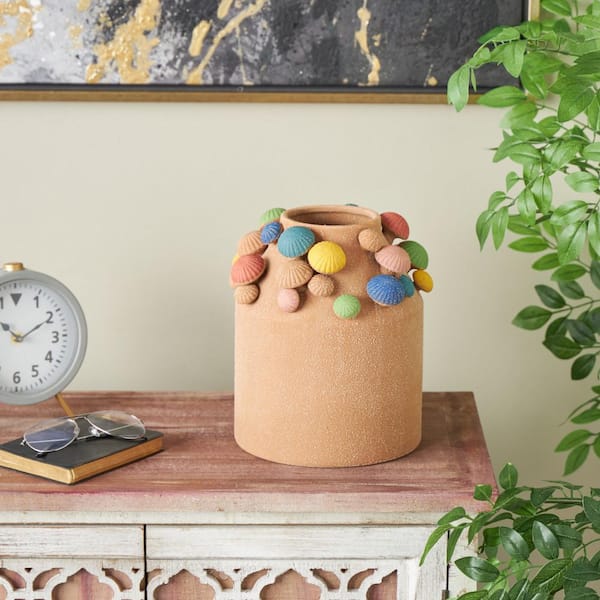 Litton Lane 10 in. Brown Round Wide Ceramic Mushroom Decorative Vase with Multicolor Accents and White Speckles