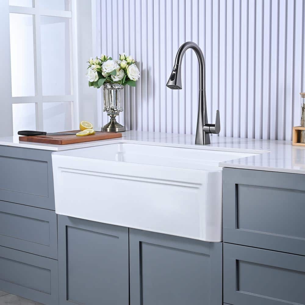 Glossy White Ceramic Farmhouse Apron-Front Kitchen Sink with Accessories