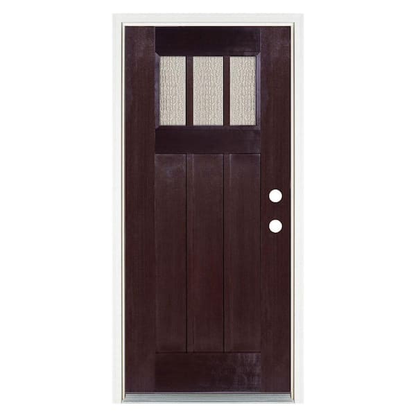 MP Doors 36 in. x 80 in. Dark Walnut Left-Hand Inswing 3 Lite Water Wave Craftsman Stained Fiberglass Prehung Front Door