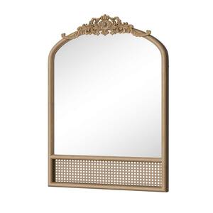 24 in. W x 36 in. H Wood Bottom Rattan Carved Arch Hanging Mirror Glam Classic Wood Color Wall Mirror