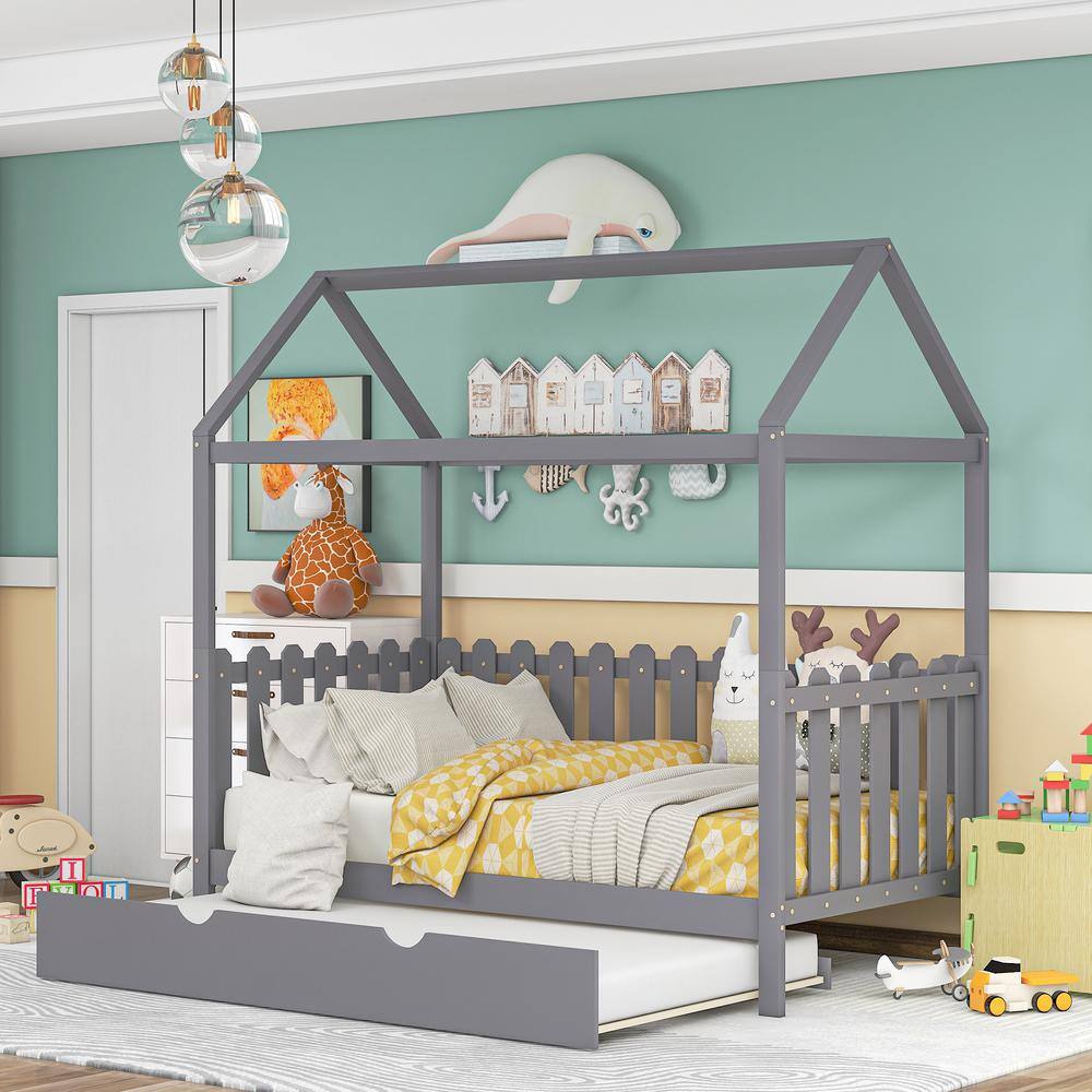 Harper & Bright Designs Gray Twin Size Wood House Bed with Trundle and FenceShaped Guardrail