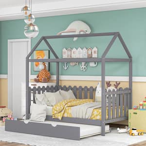 Gray Twin Size Wood House Bed with Trundle and Fence-Shaped Guardrail