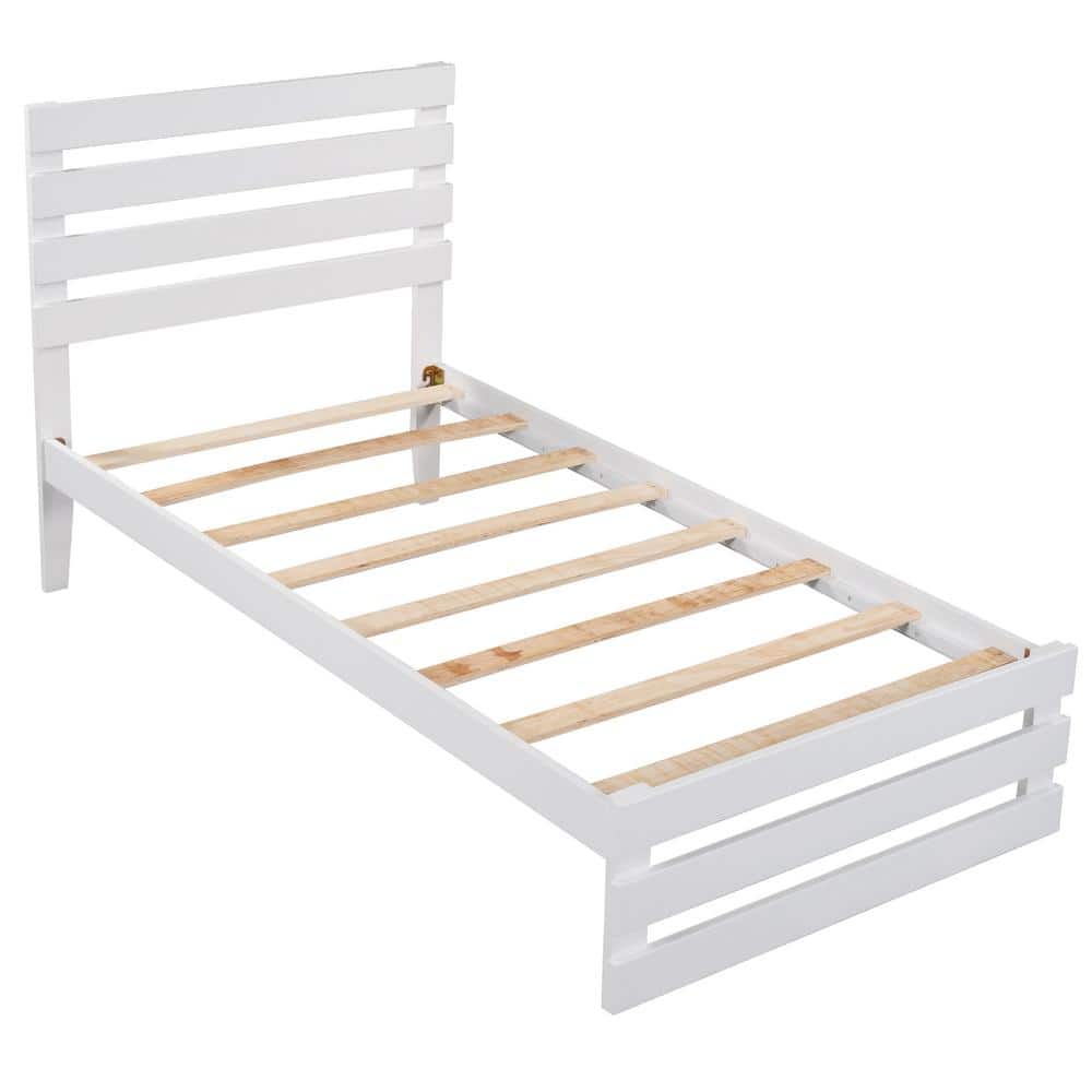 White Twin Small Solid Wooden Framed Twin Platform Bed with Strip Art Headb