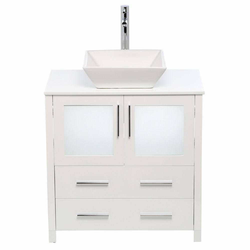 White Ceramic Top 30" Modern Freestanding Vanity Set with Mirror