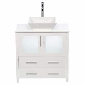 Torino 30 in. Vanity in White with Glass Stone Vanity Top in White and Mirror (Faucet Not Included)