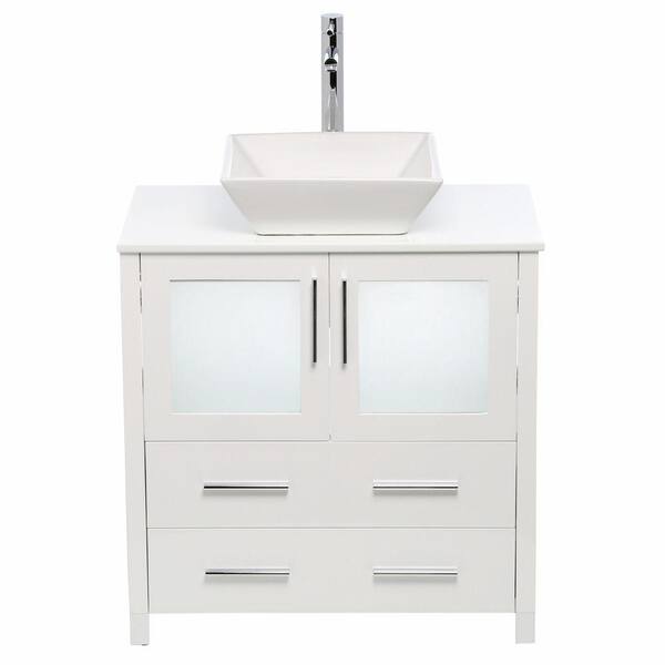 Torino 30 in. Vanity in White with Glass Stone Vanity Top in White and Mirror (Faucet Not Included)