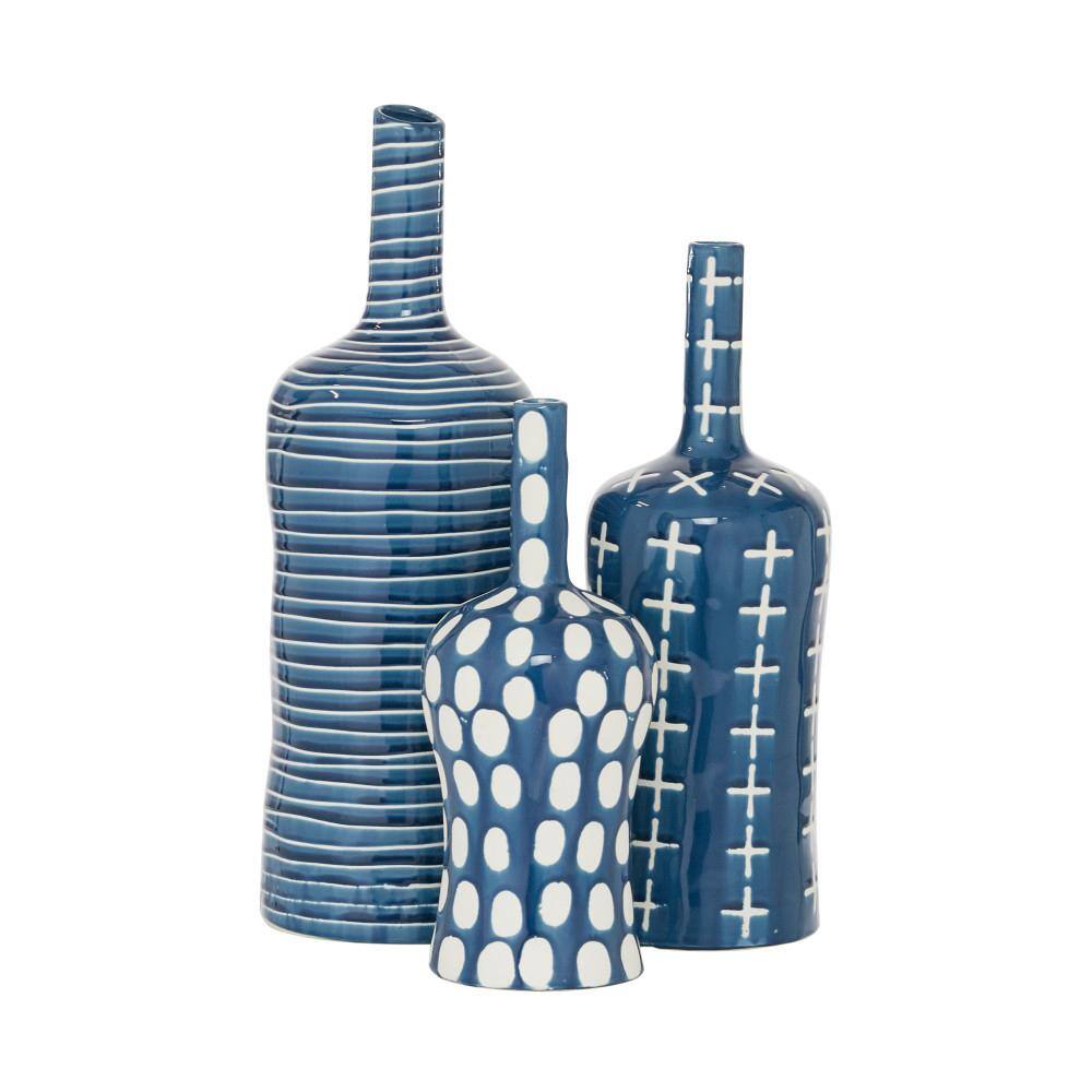 Blue and White Ceramic Bottle-Shaped Table Vase Set of Three