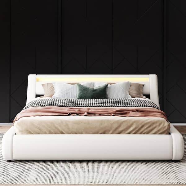White Queen Faux Leather Platform Bed, Bed Frame With Storage Headboard White Luröyqueen