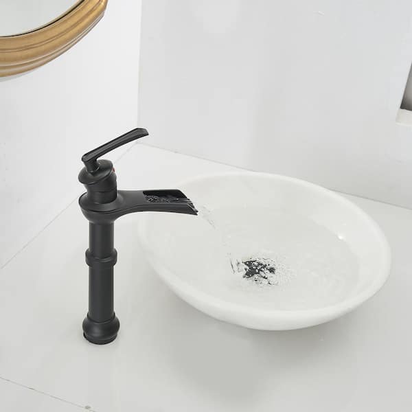 FORCLOVER Single Handle Waterfall Single Hole Bathroom Vessel Sink Faucet with Pop-Up Drain Assembly in Matte Black