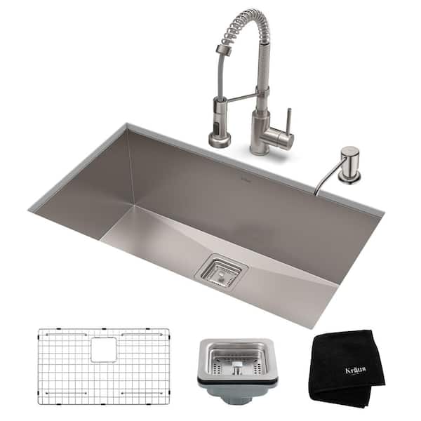 KRAUS Pax All-in-One Undermount Stainless Steel 31 in. Single Bowl Kitchen Sink with Faucet in Stainless Steel