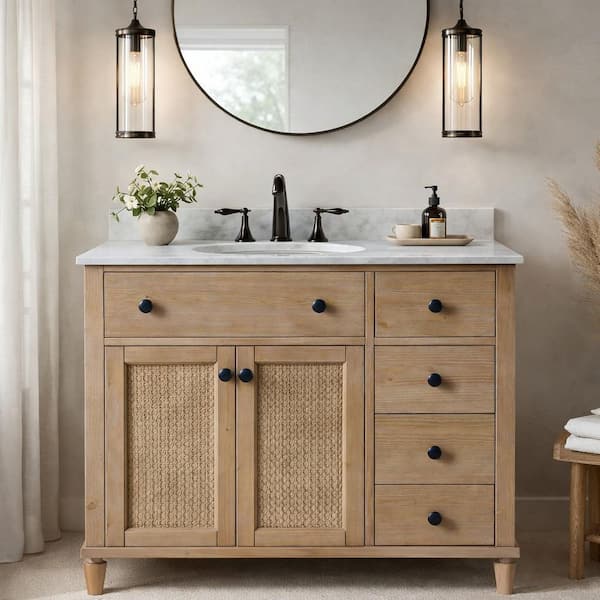 Annie 36 in. Bath Vanity in Weathered Fir with Marble Vanity Top in Carrara White with White Basin