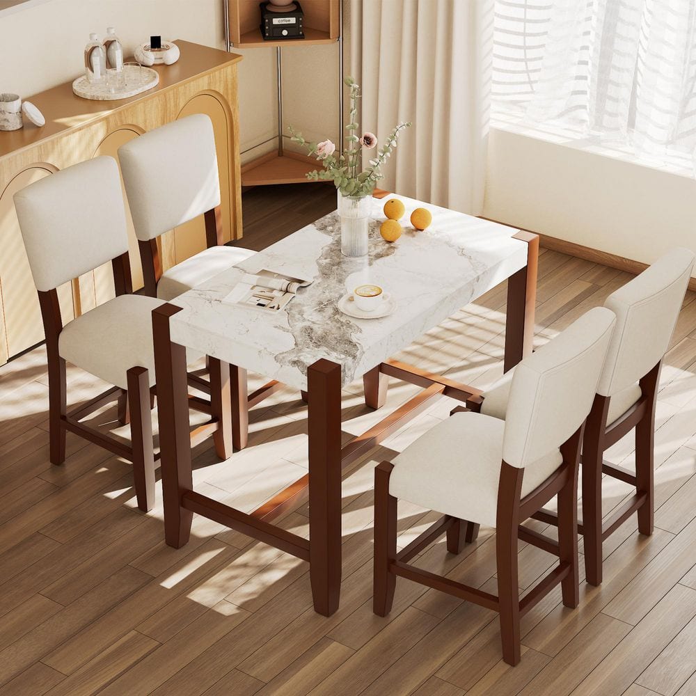5-Piece White and Beige Rectangle Faux Marble Top Counter Height Dining Table Set with 4 Upholstered Chairs