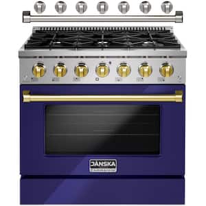 Professional 36 in. 5.2 cu. ft. Gas Range with Italian-Made 6-Sealed Burners, Convection Oven, Griddle in Lustrous Blue