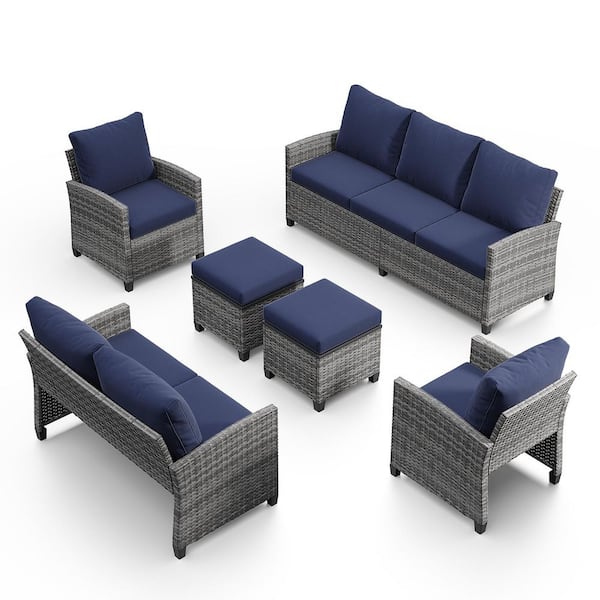 6-Piece Wicker Outdoor Sectional Set with Love-seat, Ottomans and Blue Cushions