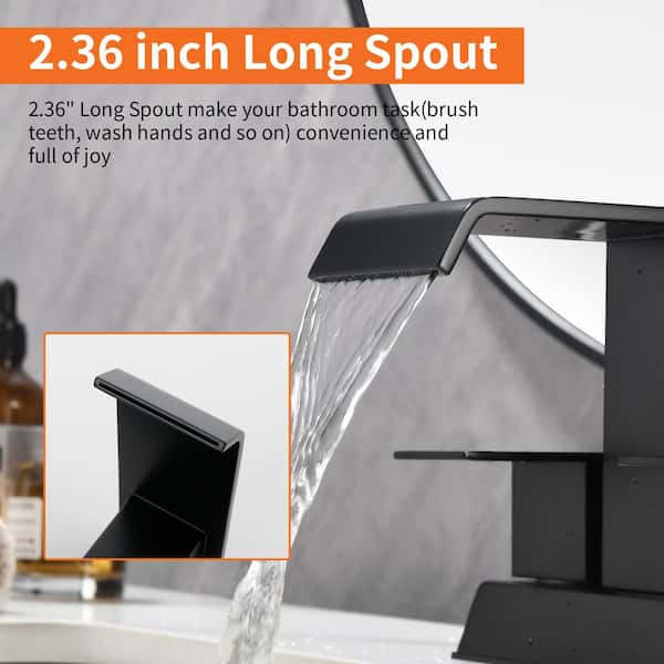 4 in. Centerset Double Handle Bathroom Faucet with Drain Kit Included, Wide Waterfall Spout Faucet in Matte Black