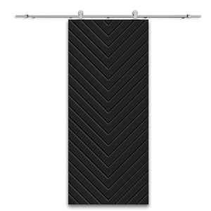 Herringbone 36 in. x 96 in. Fully Assembled Black Stained MDF Modern Sliding Barn Door with Hardware Kit