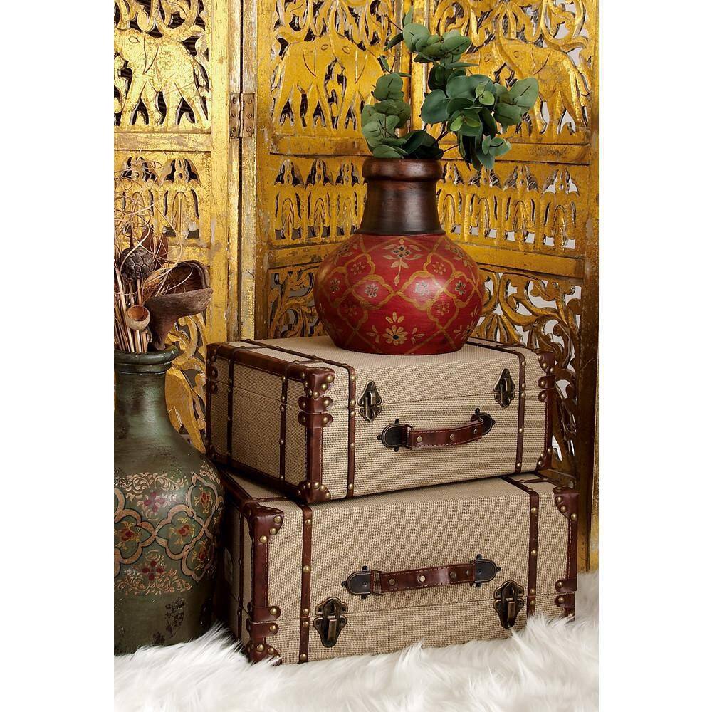Beige Burlap and Leather Vintage Trunk Set, 2 Pieces