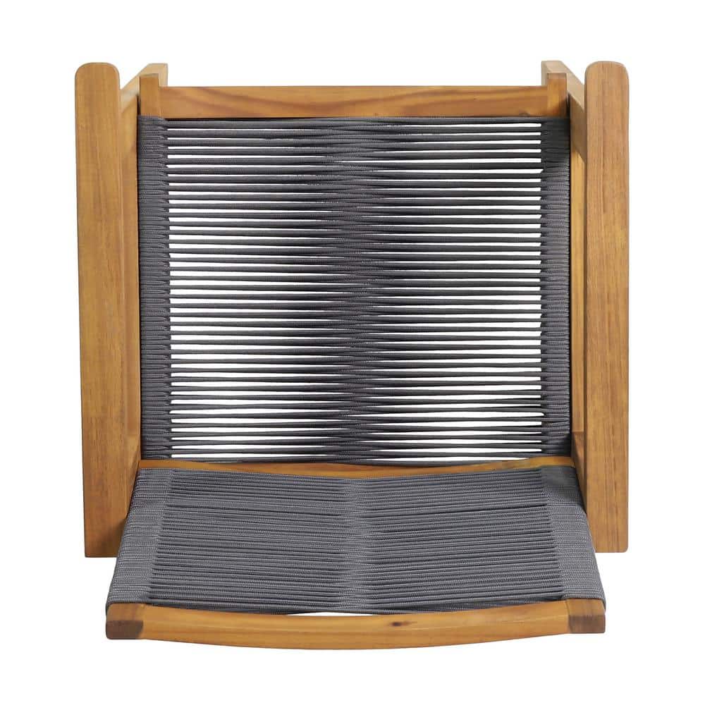 Set of 2 Teak and Dark Gray Rope Outdoor Dining Chairs